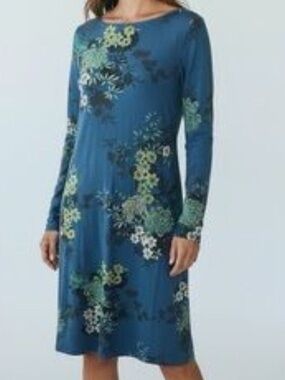 J. Jill Wearever Collection boatneck petite teal floral long sleeve midi dress